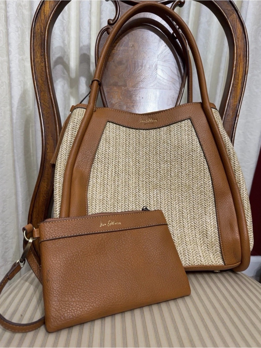 Sam Edelman Tan Woven Tote with Matching Pouch